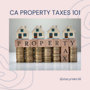 CA Property Taxes 101 with image of 6 piles of coins with blocks on top spelling "Property Tax" with 4 small wooden houses on top.